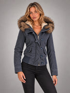 Women's Embroidered Hooded Jacket – Zip-Up Slim Fit in Sky Blue — alternate view