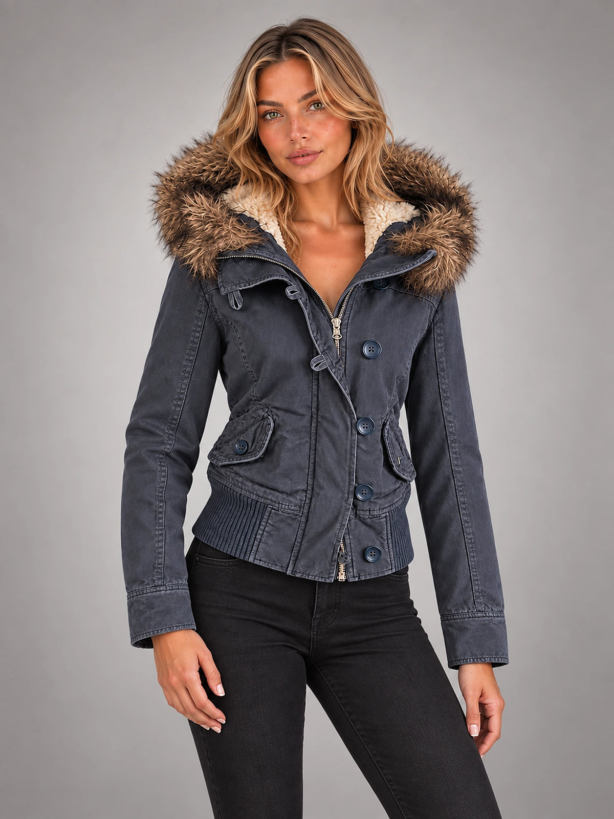 Women's Embroidered Hooded Jacket – Zip-Up Slim Fit in Sky Blue — alternate view