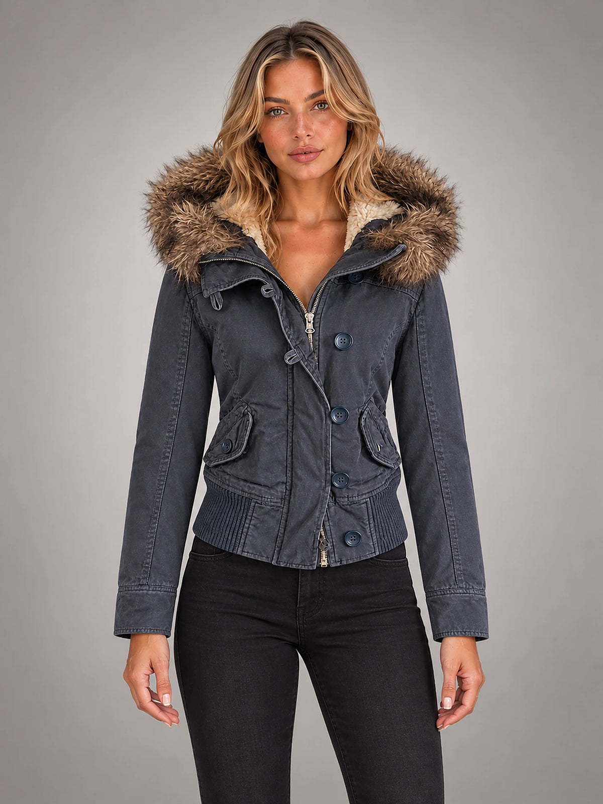 Women's Embroidered Hooded Jacket – Zip-Up Slim Fit in Sky Blue — front view