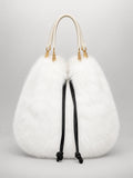 Women's Faux Fur Bucket Bag – Drawstring Handbag in Cream — front view