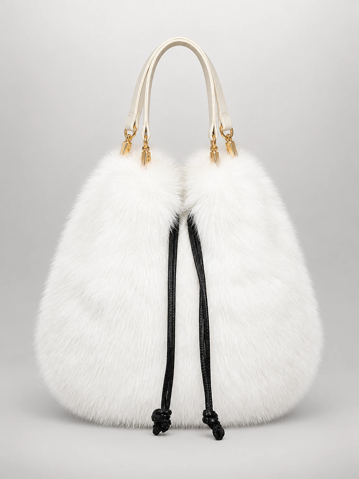 Women's Faux Fur Bucket Bag – Drawstring Handbag in Cream — front view