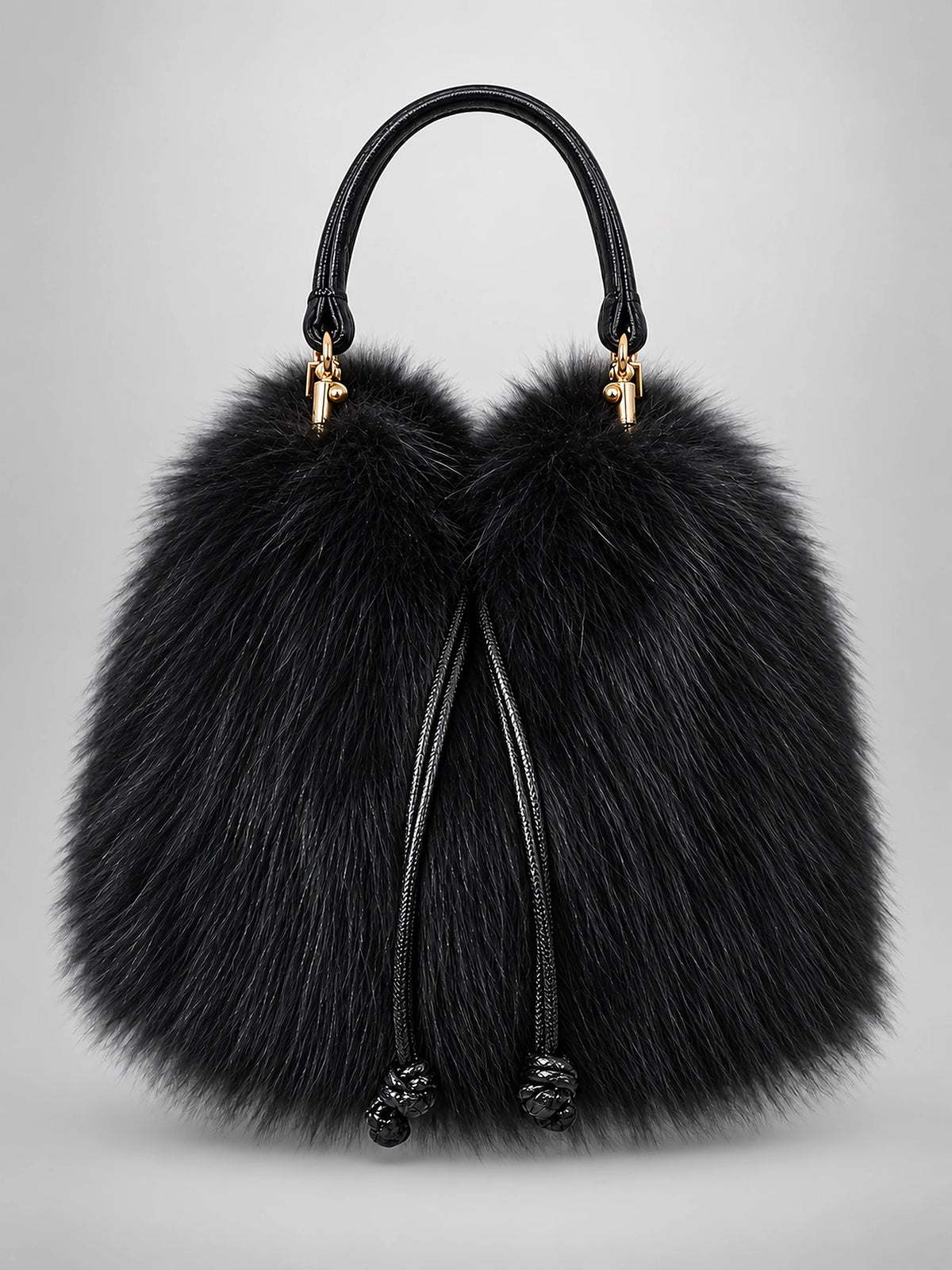 Women's Faux Fur Bucket Bag – Drawstring Handbag in Black — front view