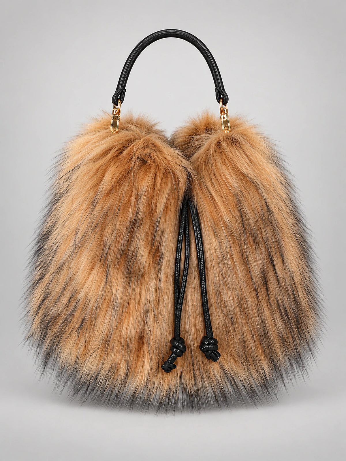 Women's Faux Fur Bucket Bag – Drawstring Handbag in Camel — front view