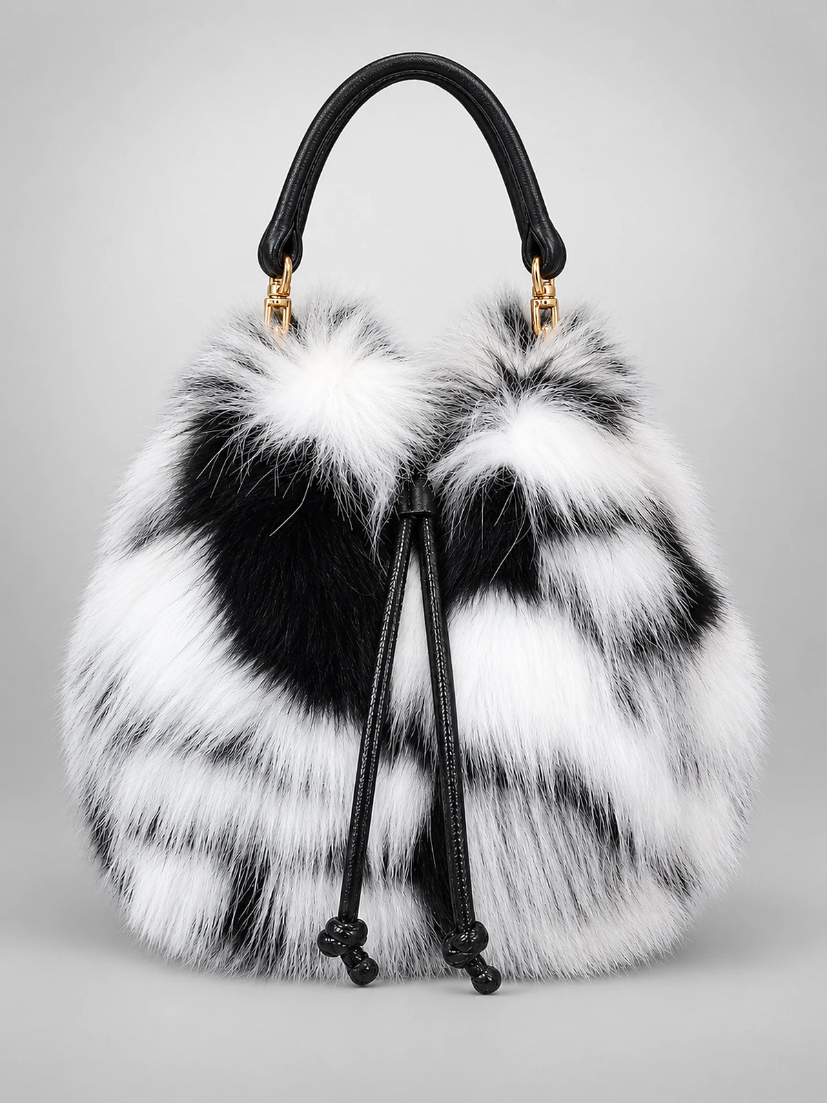 Women's Faux Fur Bucket Bag – Drawstring Handbag in Black & White — front view
