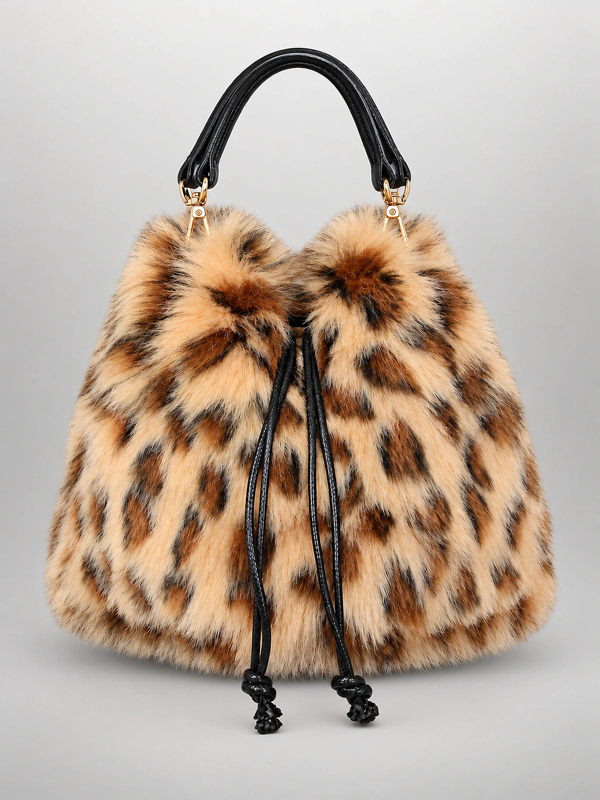 Women's Faux Fur Bucket Bag – Drawstring Handbag in Leopard — front view