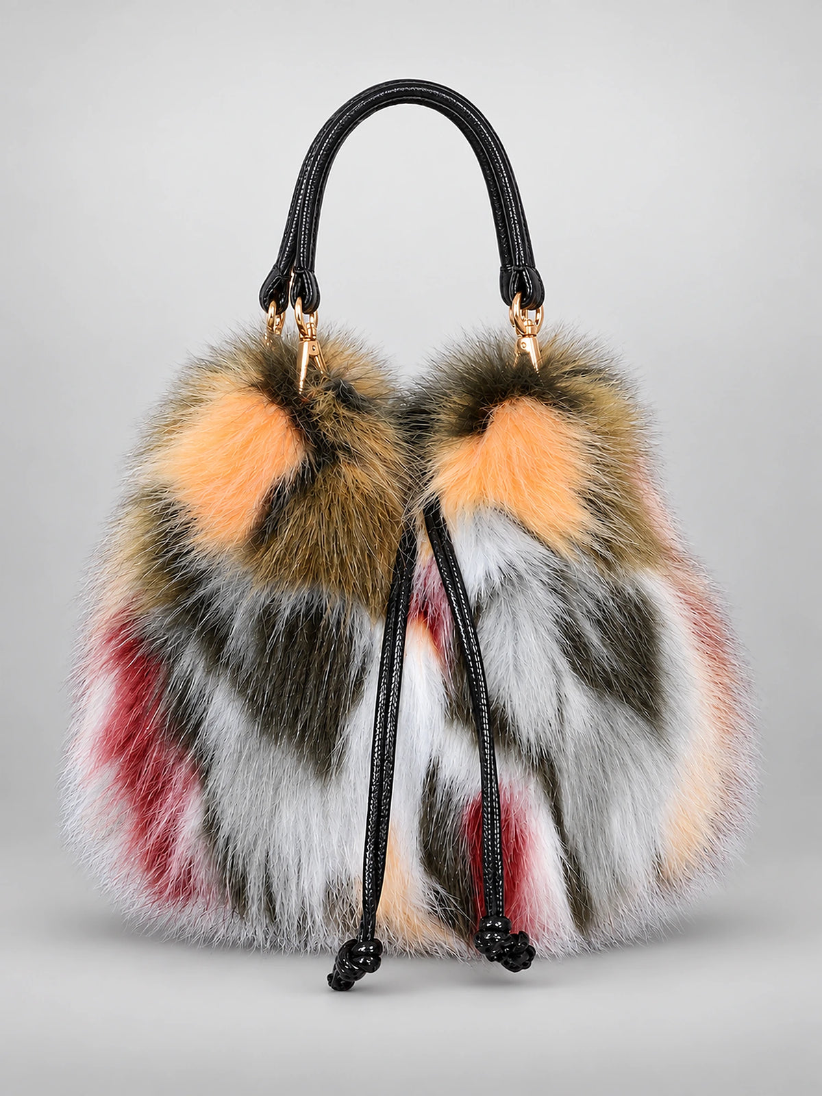 Women's Faux Fur Bucket Bag – Drawstring Handbag in Multicolour — front view