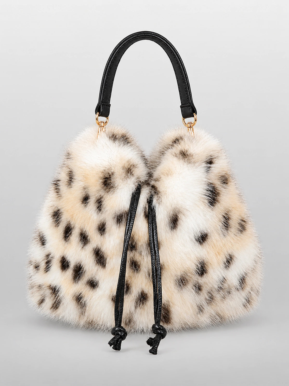 Women's Faux Fur Bucket Bag – Drawstring Handbag in Snow Leopard — front view