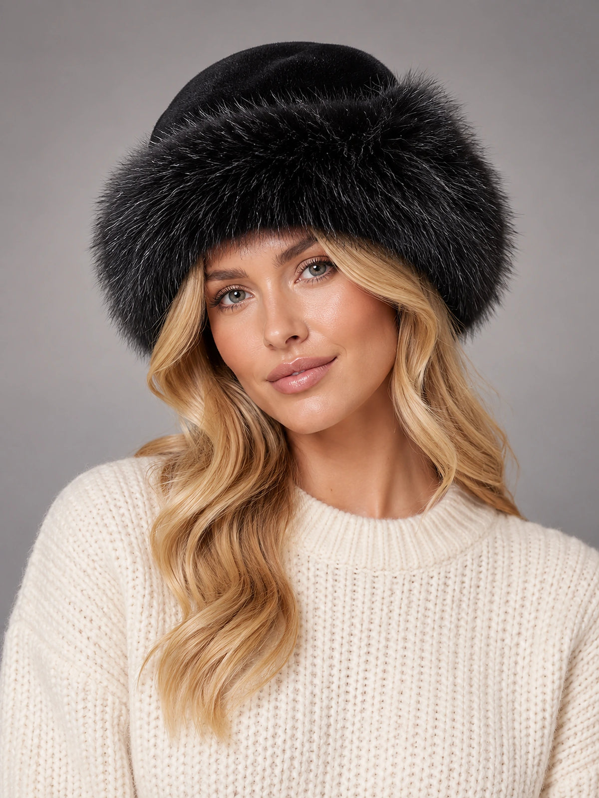 Women's Faux Fur Bucket Hat – Fluffy Winter Hat in Black — front view
