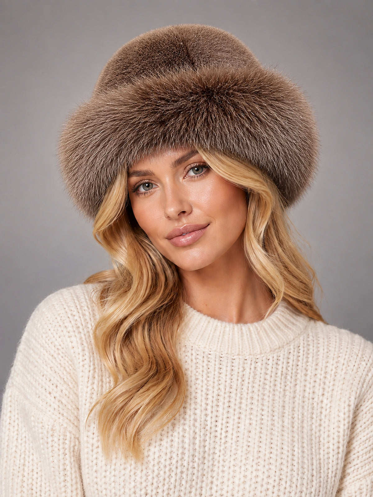 Women's Faux Fur Bucket Hat – Fluffy Winter Hat in Brown — front view