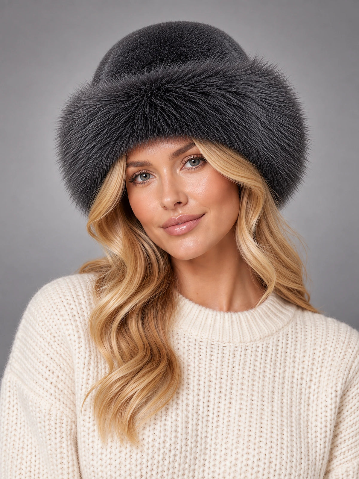 Women's Faux Fur Bucket Hat – Fluffy Winter Hat in Charcoal — front view