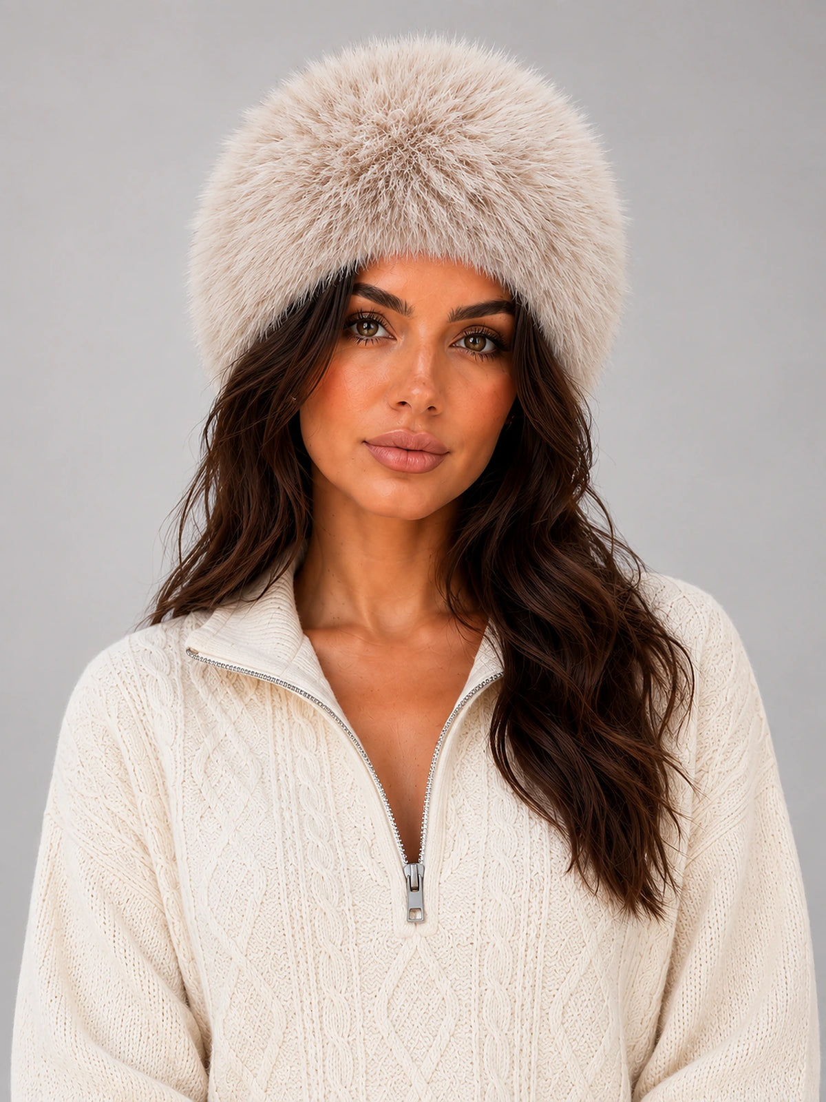 Women's Faux Fur Cossack Hat – Fluffy Dome in Beige — front view