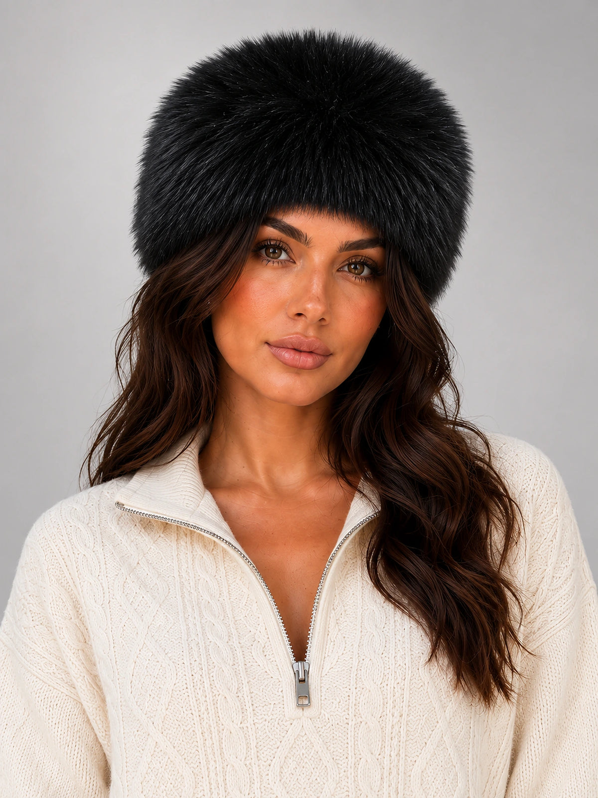 Women's Faux Fur Cossack Hat – Fluffy Dome in Black — front view