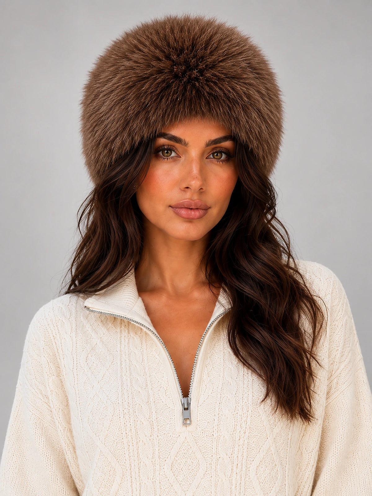 Women's Faux Fur Cossack Hat – Fluffy Dome in Brown — front view