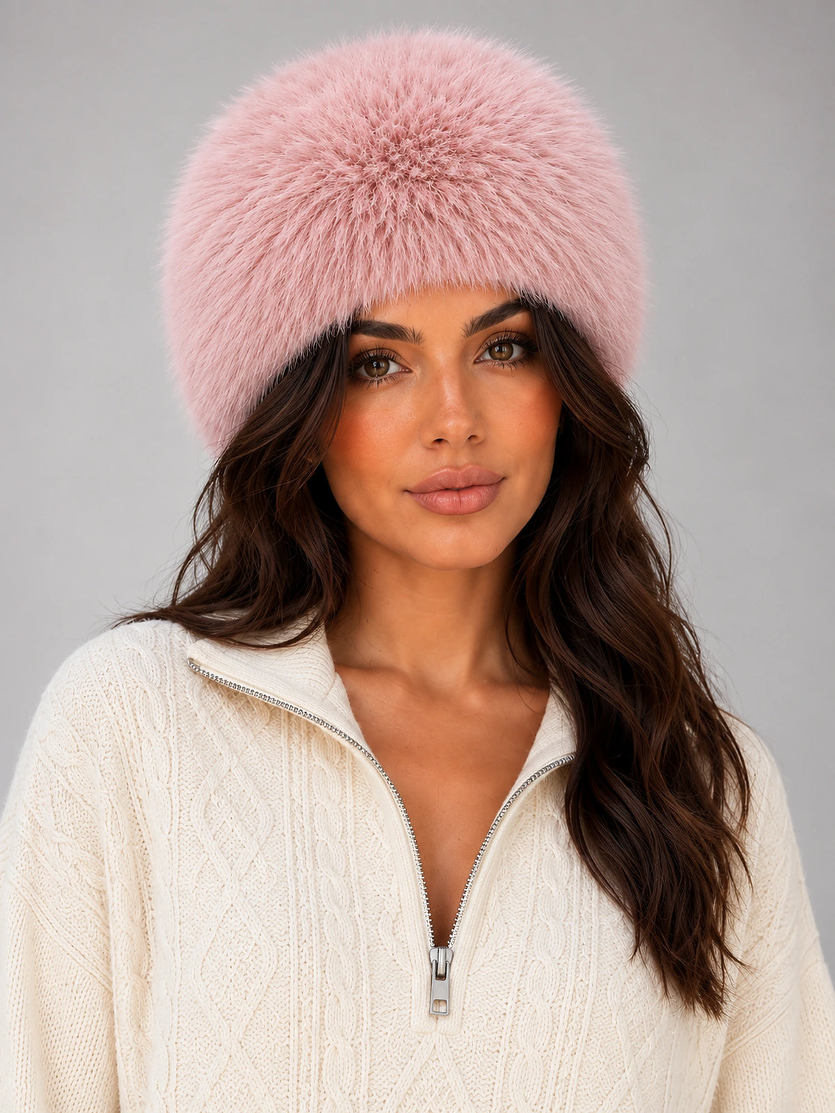 Women's Faux Fur Cossack Hat – Fluffy Dome in Pale Pink — front view