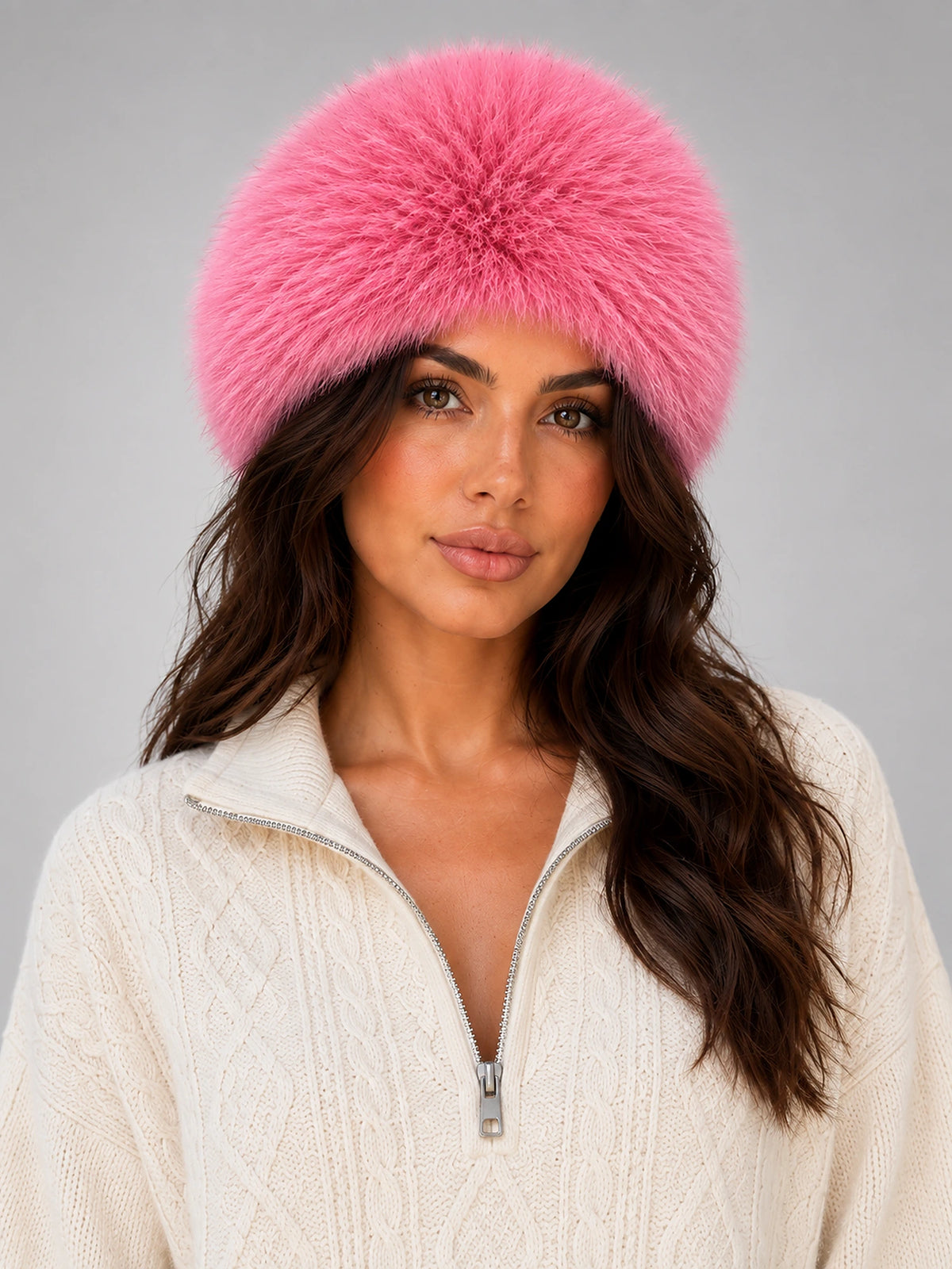 Women's Faux Fur Cossack Hat – Fluffy Dome in Pink — front view