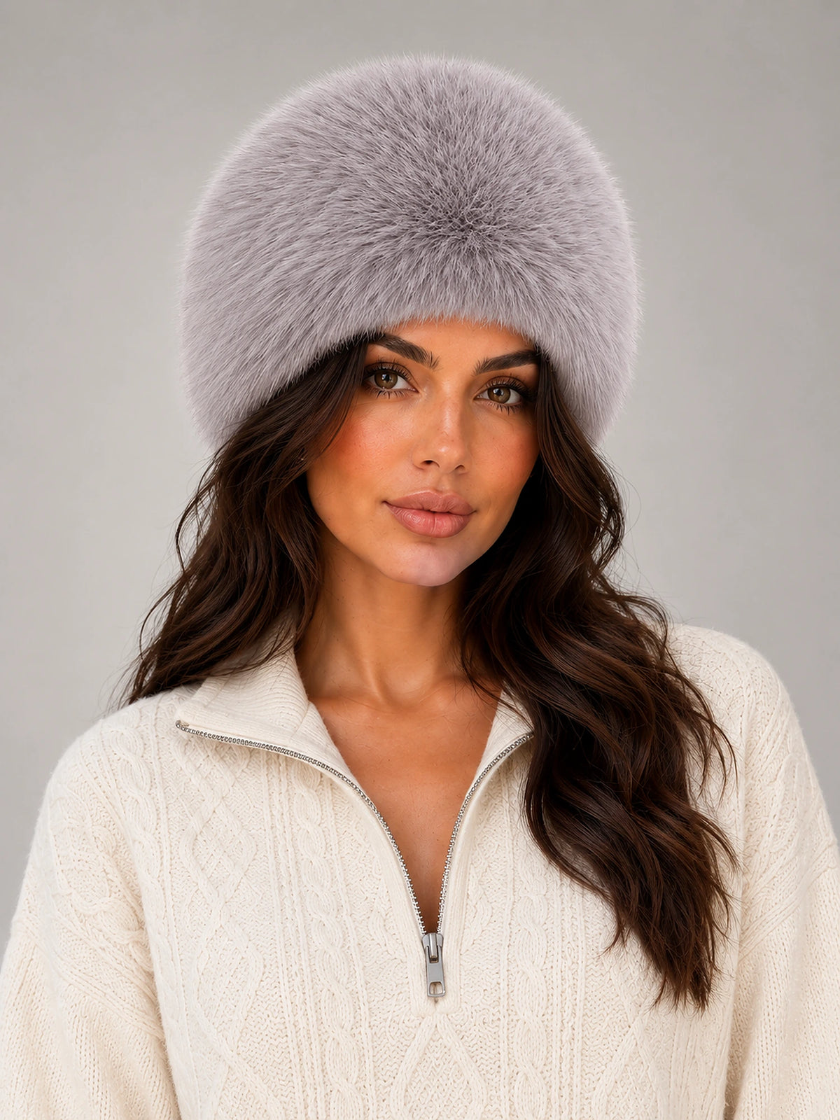 Women's Faux Fur Cossack Hat – Fluffy Dome in Silver Grey — front view