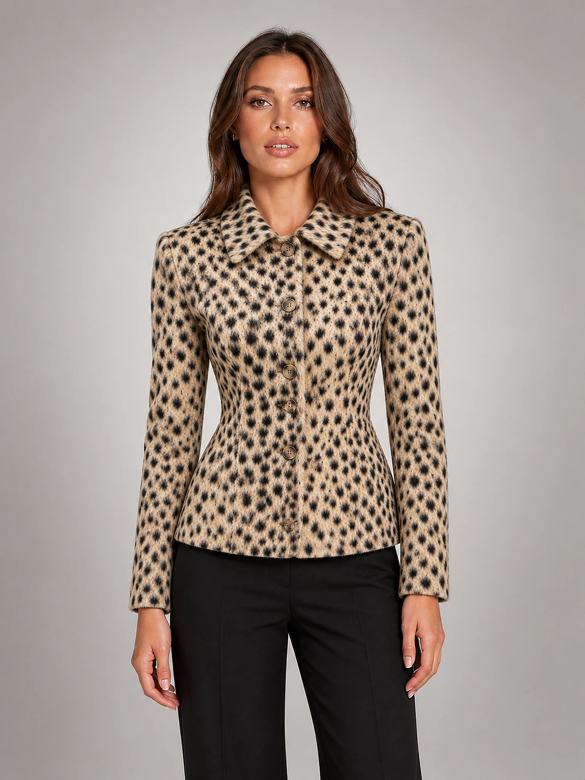 Women's Faux Fur Coat – Lapel Collar Single-Breasted in Beige Spot — front view