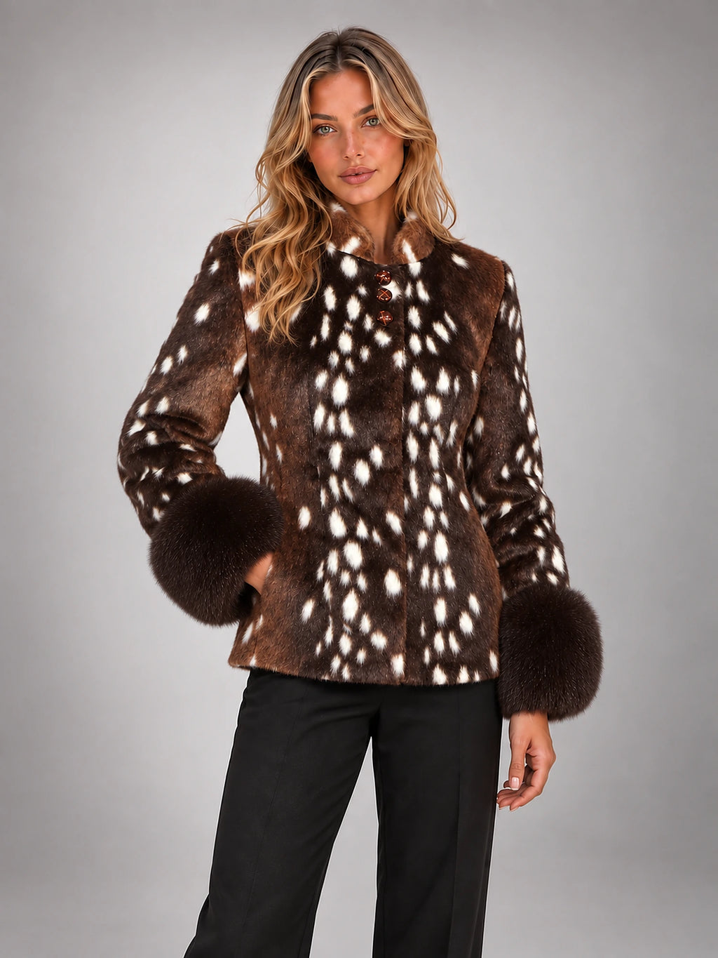 Women's Faux Fur Coat – Lapel Collar Single-Breasted in Brown Deer Print — alternate view