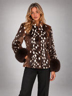 Women's Faux Fur Coat – Lapel Collar Single-Breasted in Brown Deer Print — alternate view