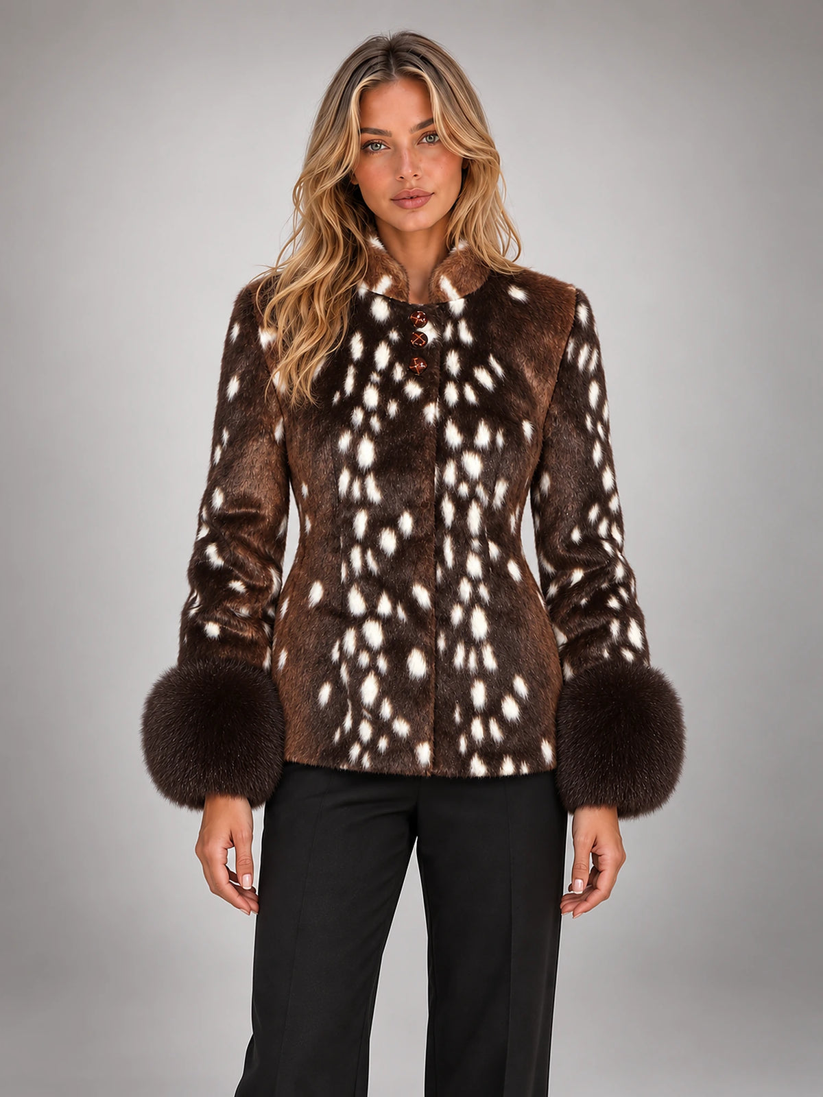Women's Faux Fur Coat – Lapel Collar Single-Breasted in Brown Deer Print — front view