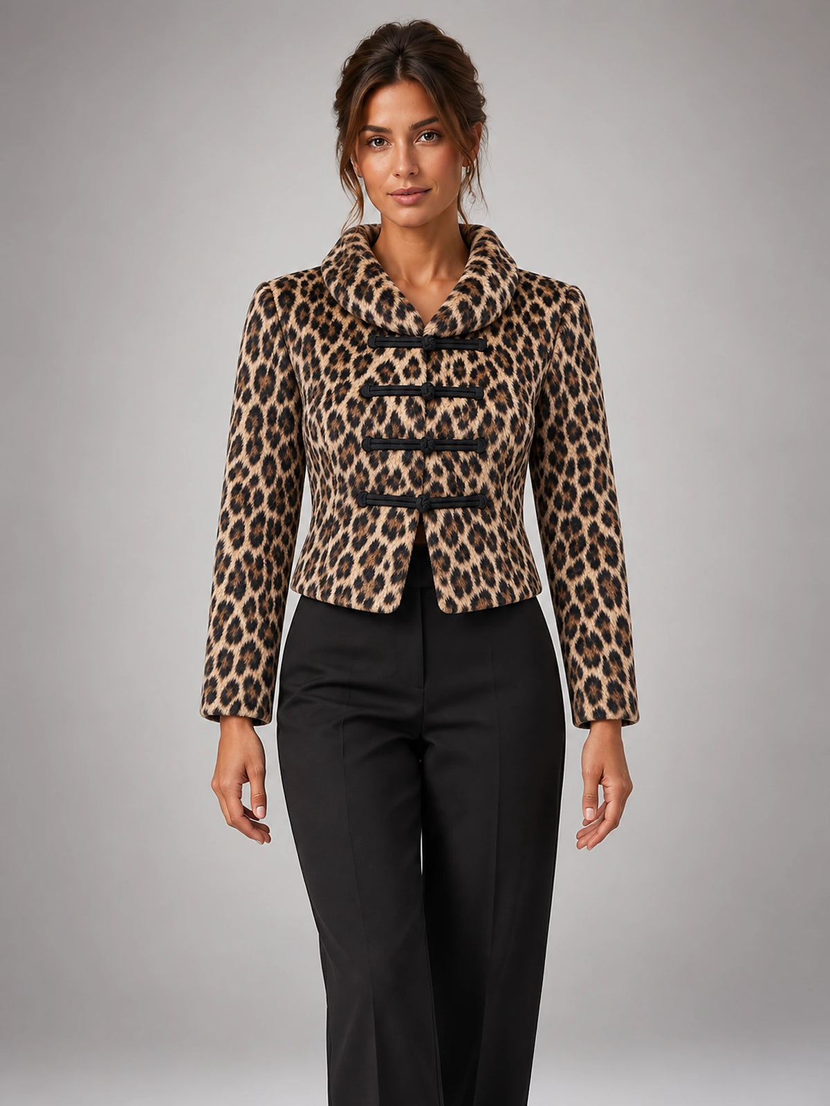 Women's Faux Fur Coat – Lapel Collar Single-Breasted in Dark Leopard — front view