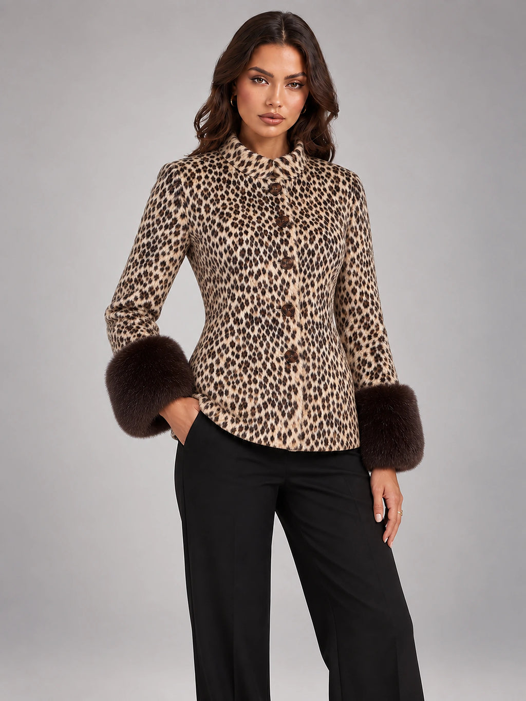 Women's Faux Fur Coat – Lapel Collar Single-Breasted in Khaki Leopard — alternate view