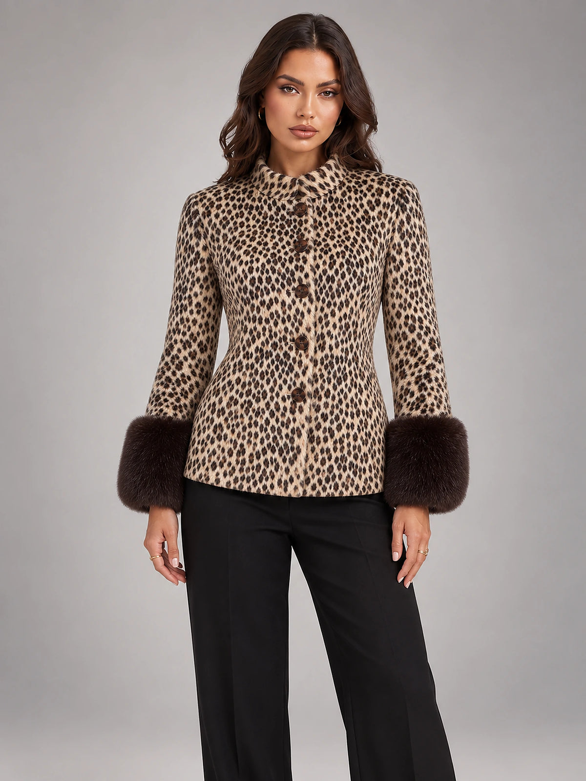 Women's Faux Fur Coat – Lapel Collar Single-Breasted in Khaki Leopard — front view