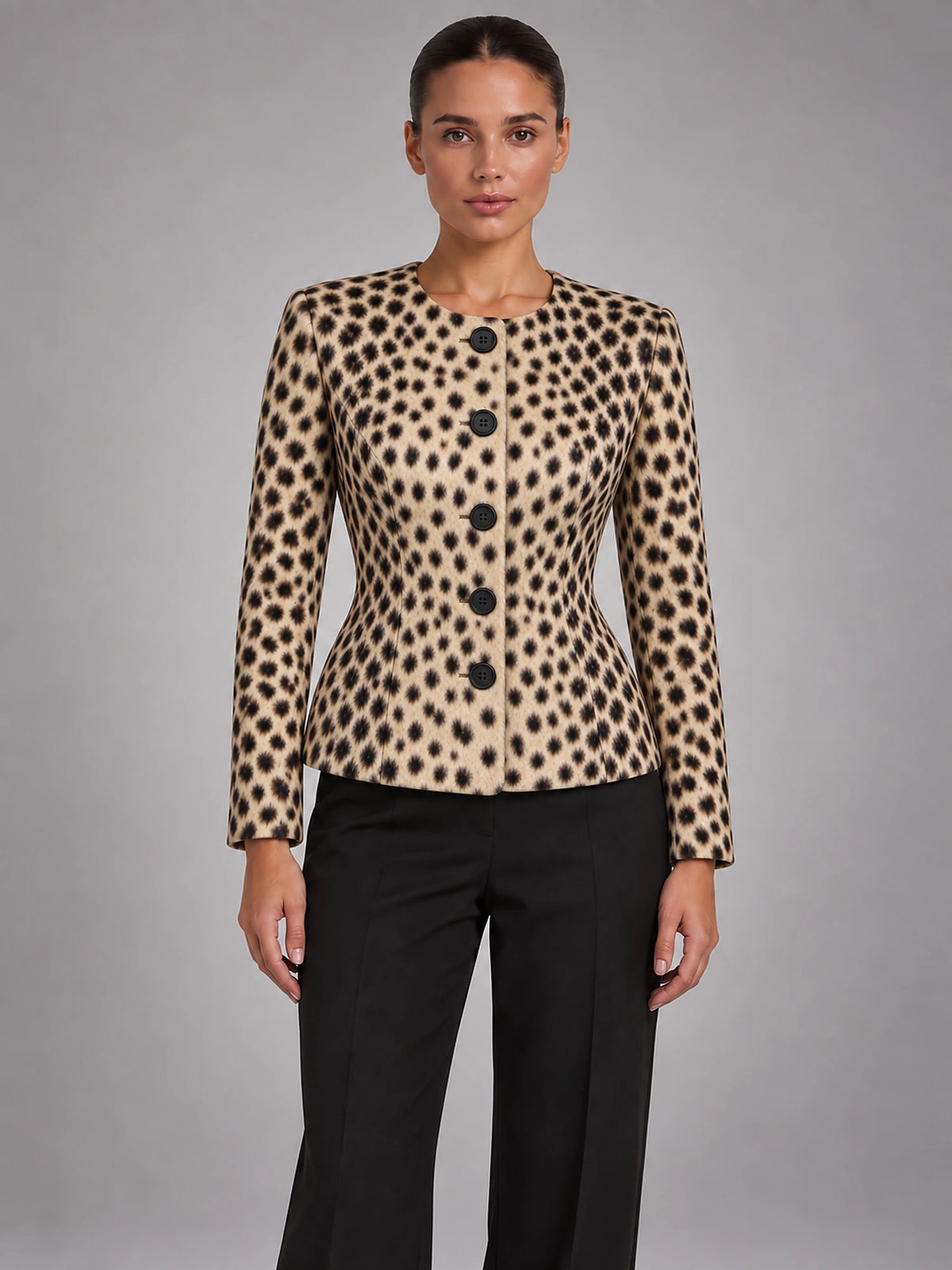 Women's Faux Fur Coat – Lapel Collar Single-Breasted in Leopard — front view