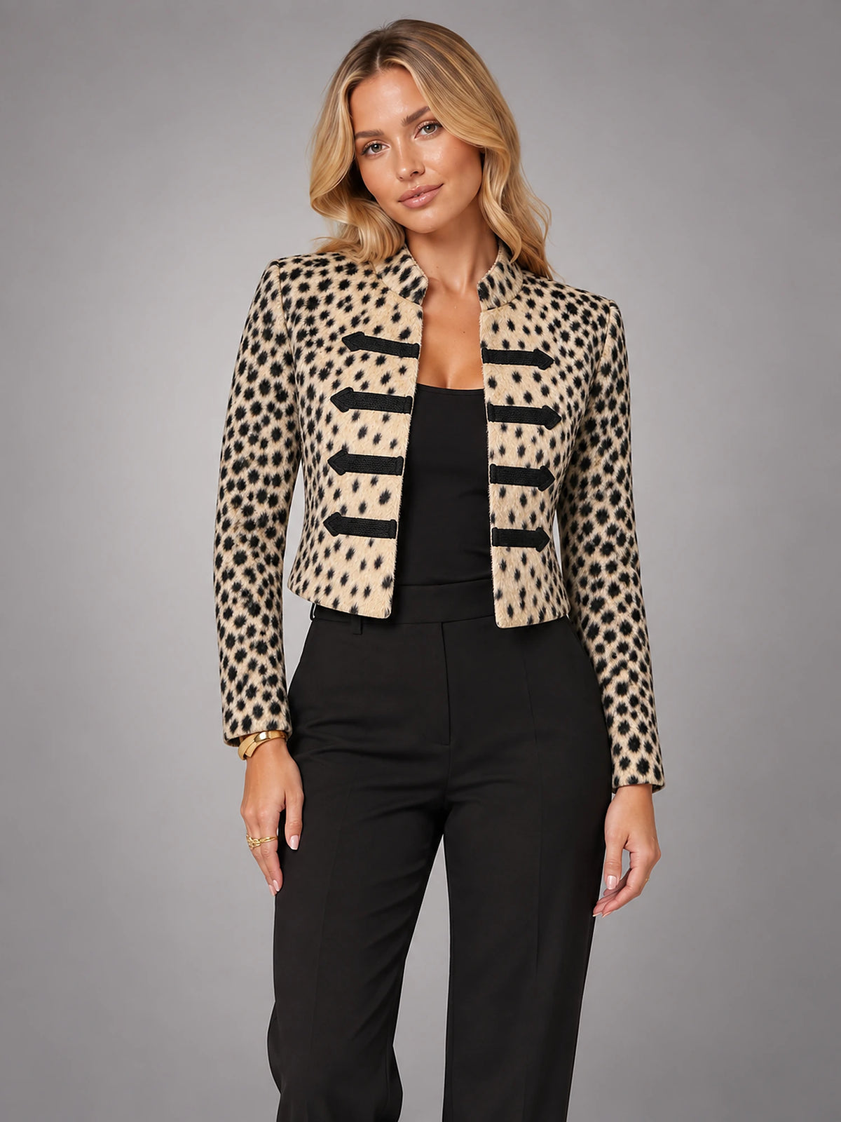 Women's Faux Fur Coat – Lapel Collar Single-Breasted in Light Leopard — front view