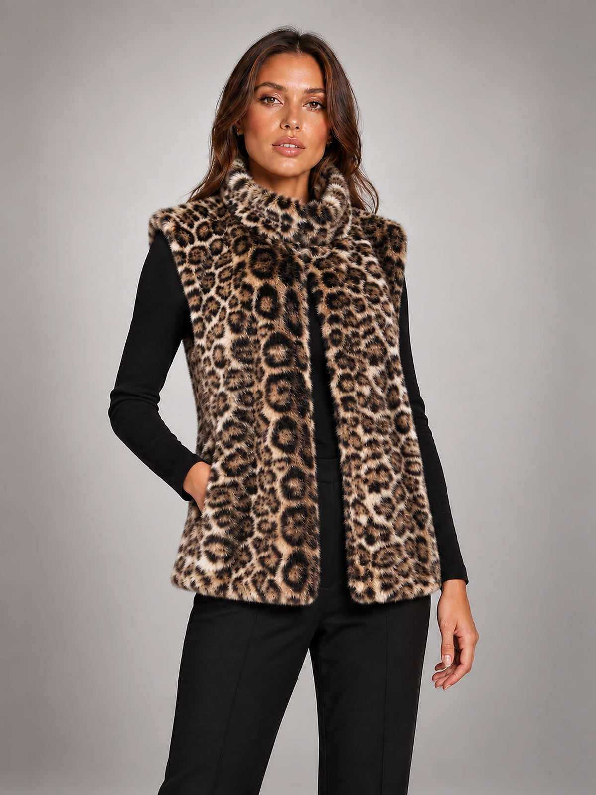 Women's Leopard Print Faux Fur Gilet – High Collar in Leopard — alternate view