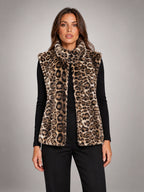 Women's Leopard Print Faux Fur Gilet – High Collar in Leopard — front view