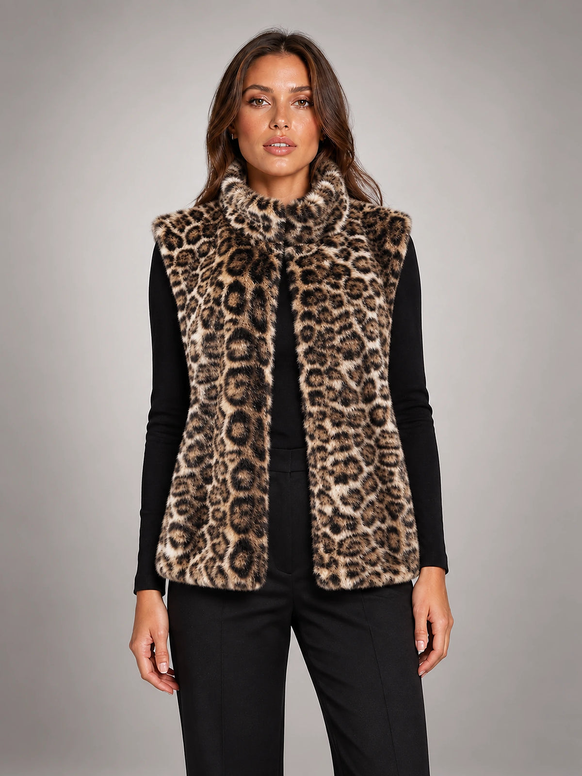 Women's Leopard Print Faux Fur Gilet – High Collar in Leopard — front view