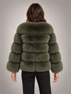 Women's Faux Fur Coat – Short Fluffy Jacket in Army Green — back view