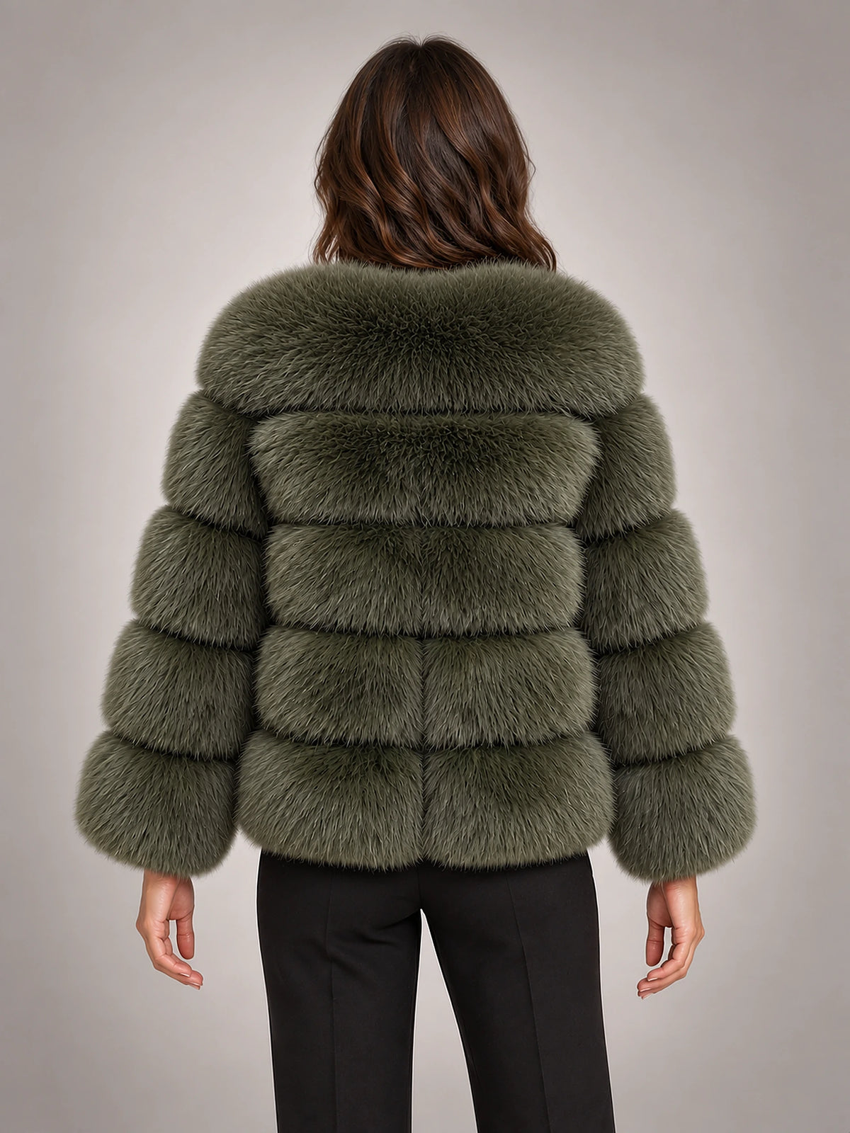 Women's Faux Fur Coat – Short Fluffy Jacket in Army Green — back view