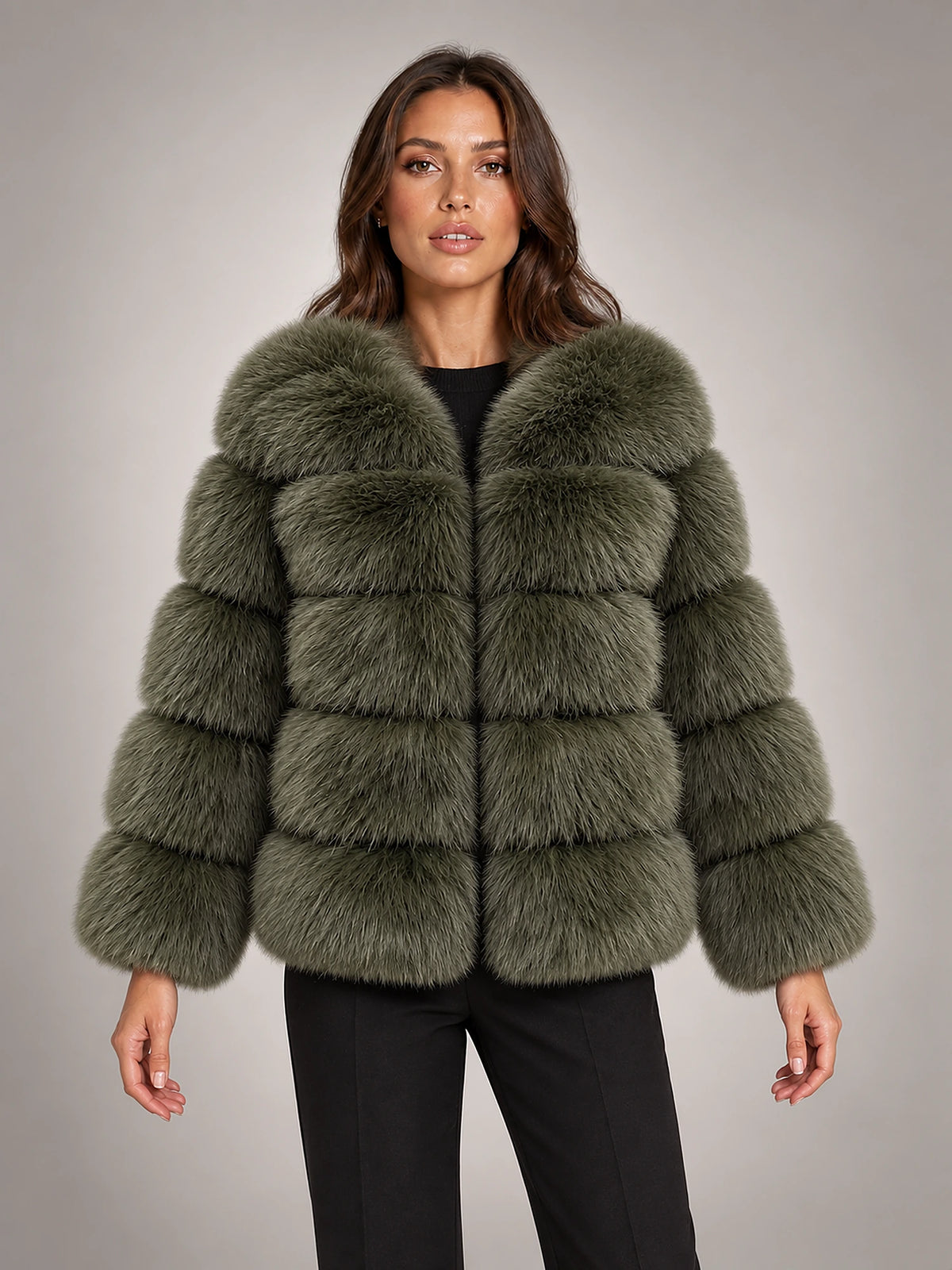 Women's Faux Fur Coat – Short Fluffy Jacket in Army Green — front view