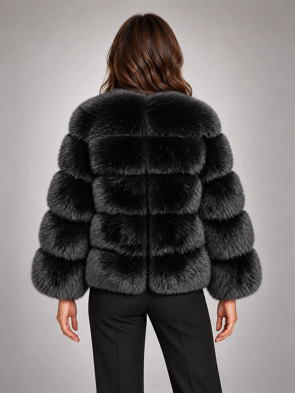 Women's Faux Fur Coat – Short Fluffy Jacket in Black — back view