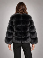 Women's Faux Fur Coat – Short Fluffy Jacket in Black — back view