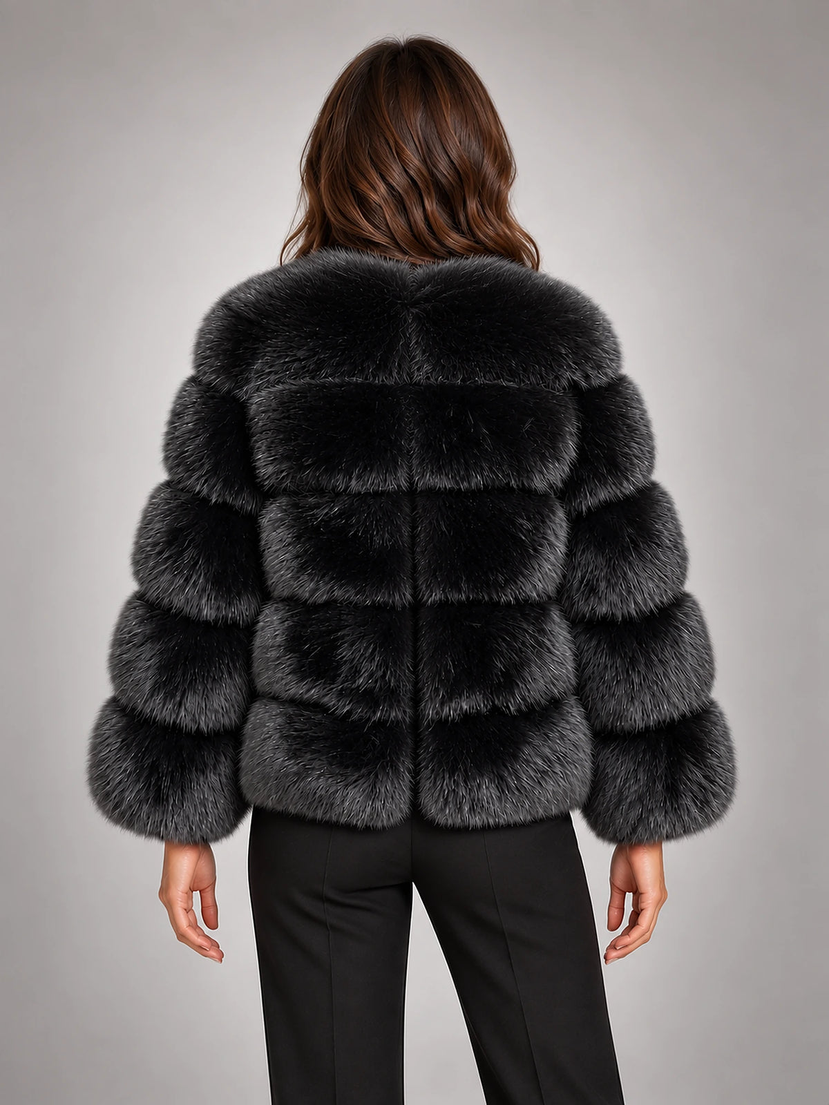 Women's Faux Fur Coat – Short Fluffy Jacket in Black — back view