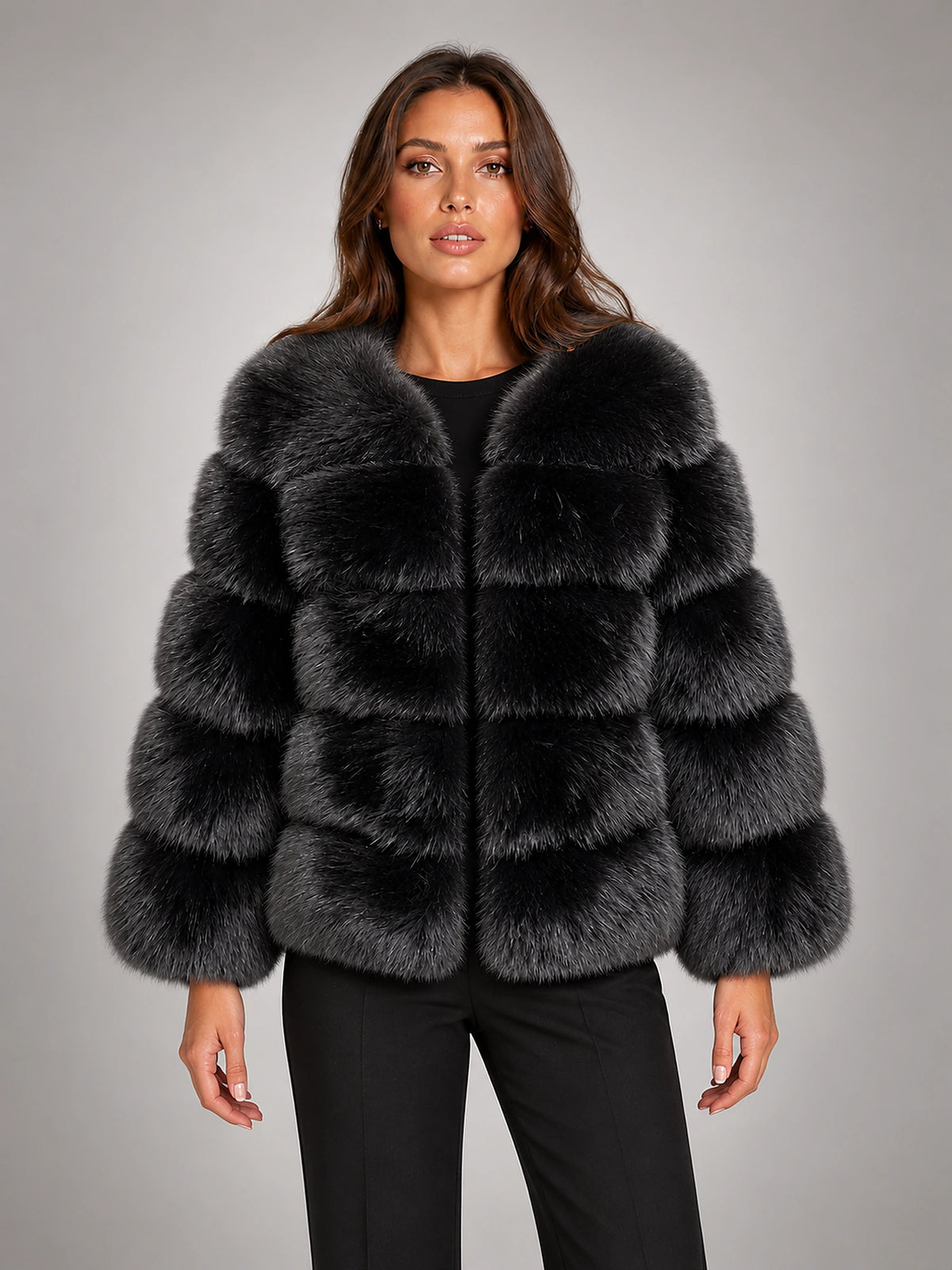 Women's Faux Fur Coat – Short Fluffy Jacket in Black — front view