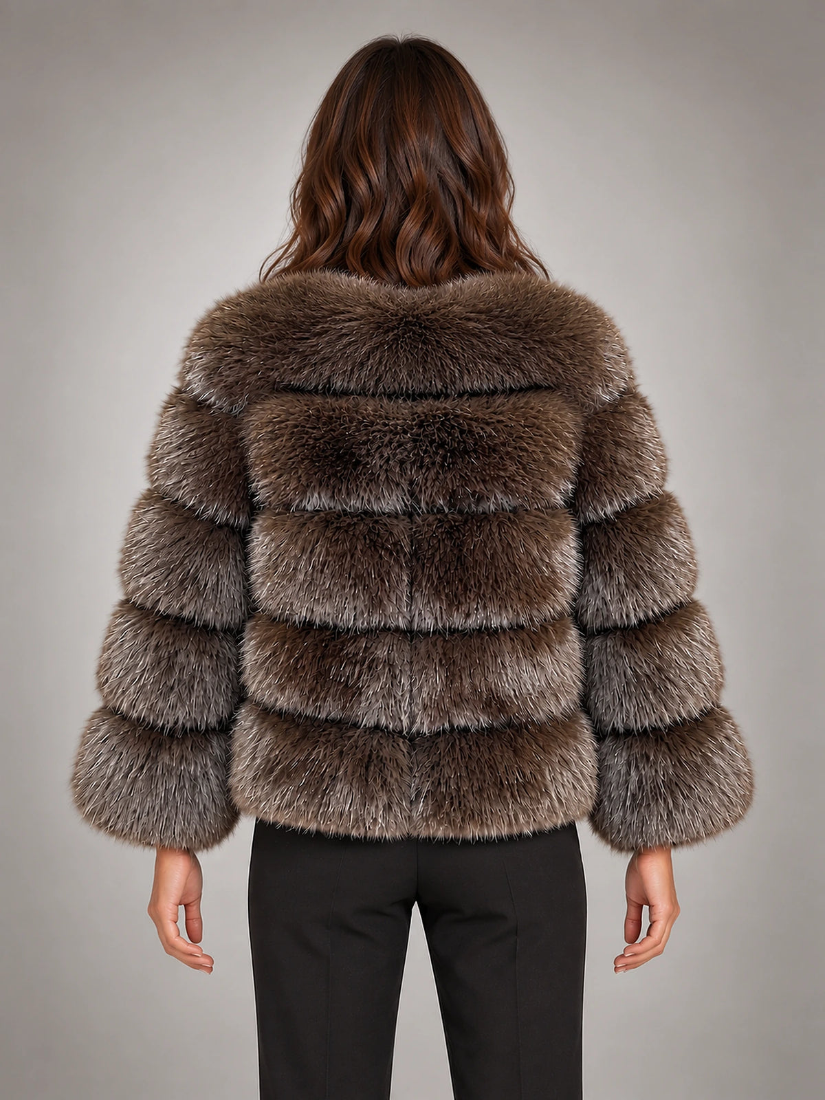 Women's Faux Fur Coat – Short Fluffy Jacket in Coffee — back view