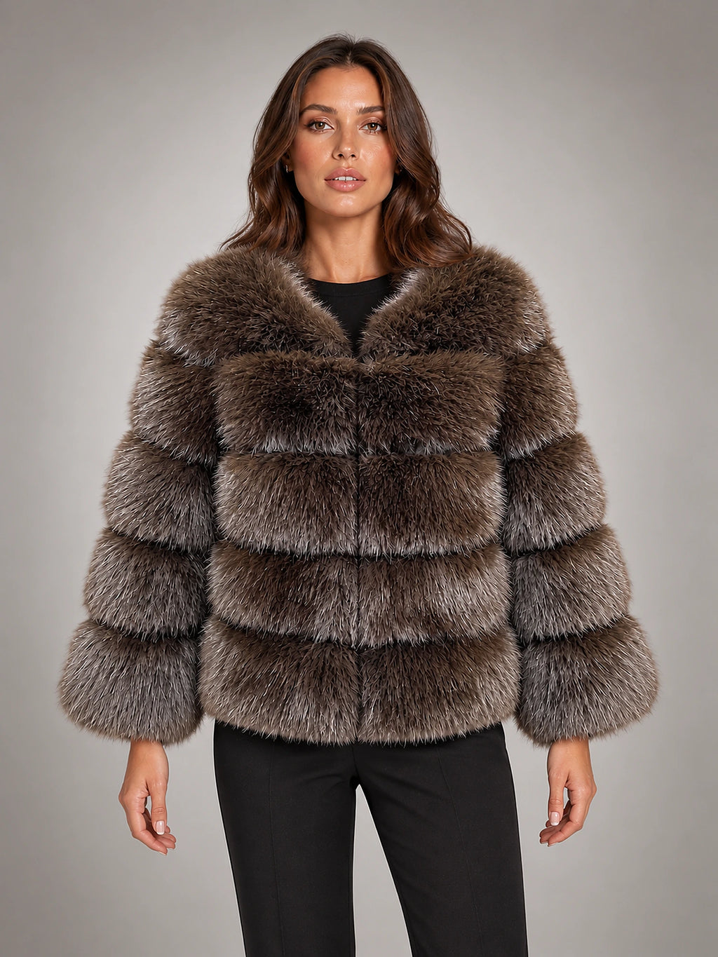 Women's Faux Fur Coat – Short Fluffy Jacket in Coffee — front view