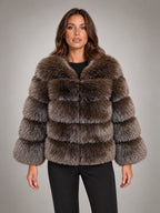Women's Faux Fur Coat – Short Fluffy Jacket in Coffee — front view