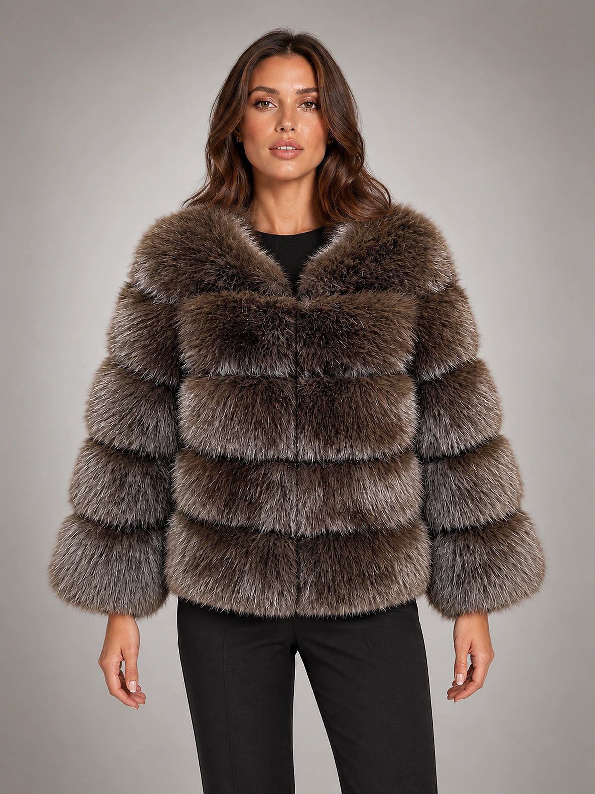Women's Faux Fur Coat – Short Fluffy Jacket in Coffee — front view
