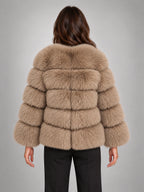 Women's Faux Fur Coat – Short Fluffy Jacket in Dark Camel — back view
