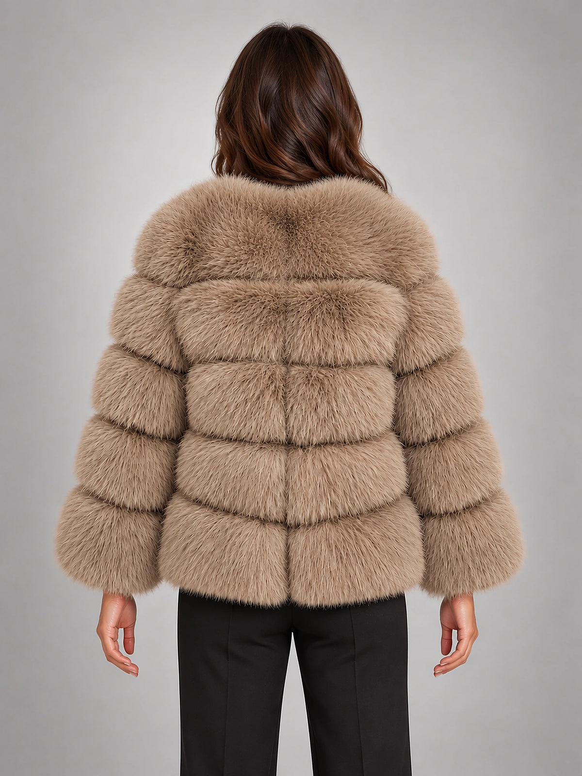 Women's Faux Fur Coat – Short Fluffy Jacket in Dark Camel — back view
