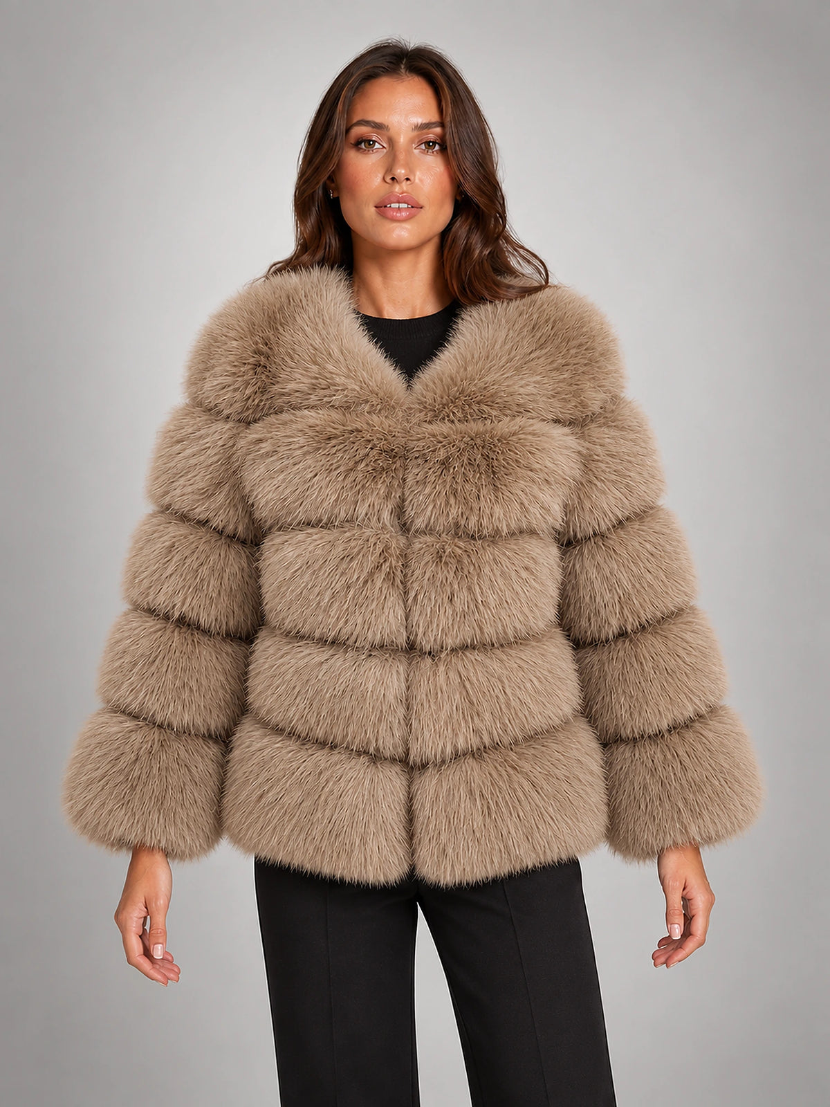 Women's Faux Fur Coat – Short Fluffy Jacket in Dark Camel — front view