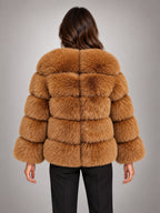 Women's Faux Fur Coat – Short Fluffy Jacket in Dark Gold — back view