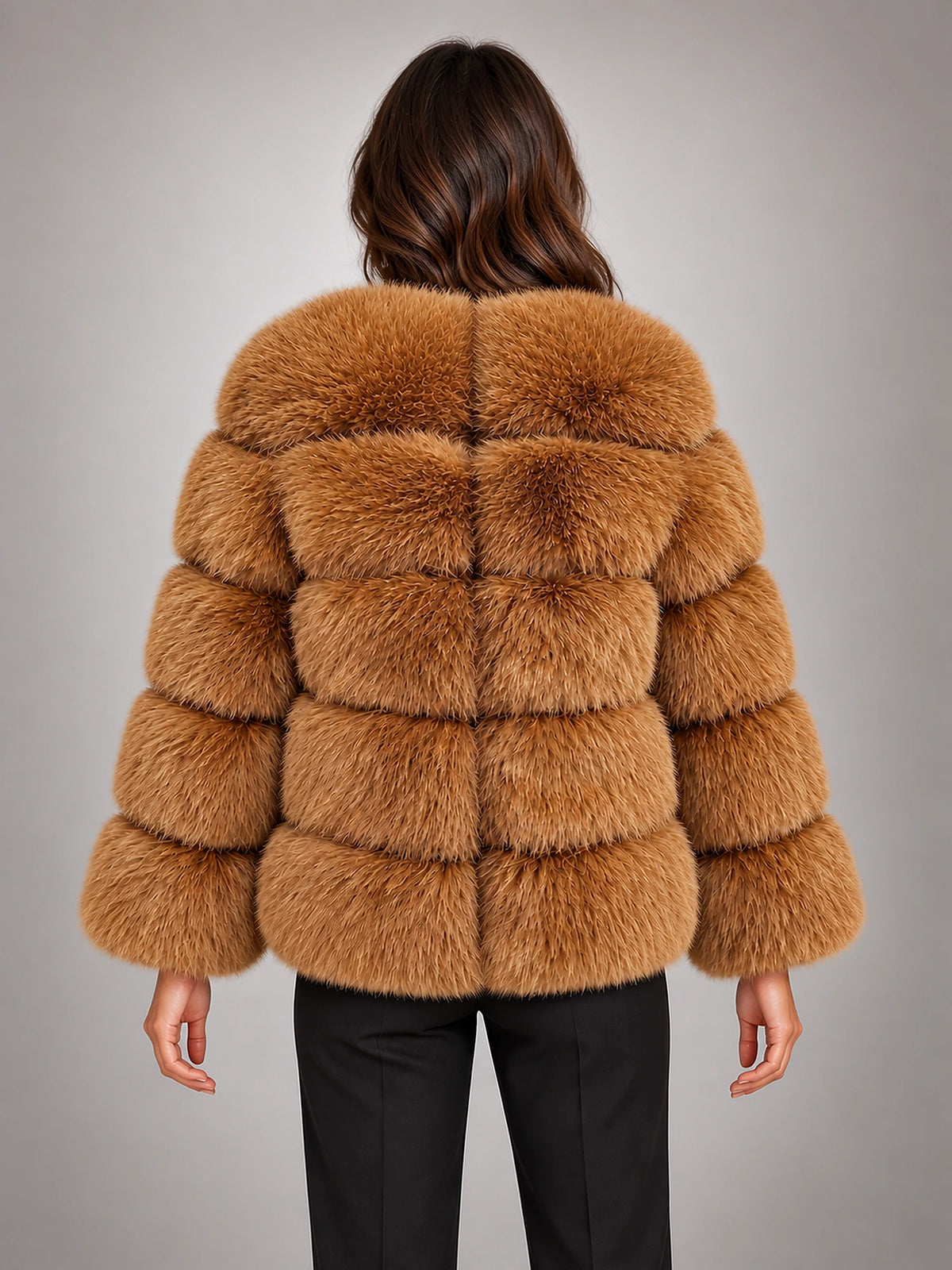 Women's Faux Fur Coat – Short Fluffy Jacket in Dark Gold — back view