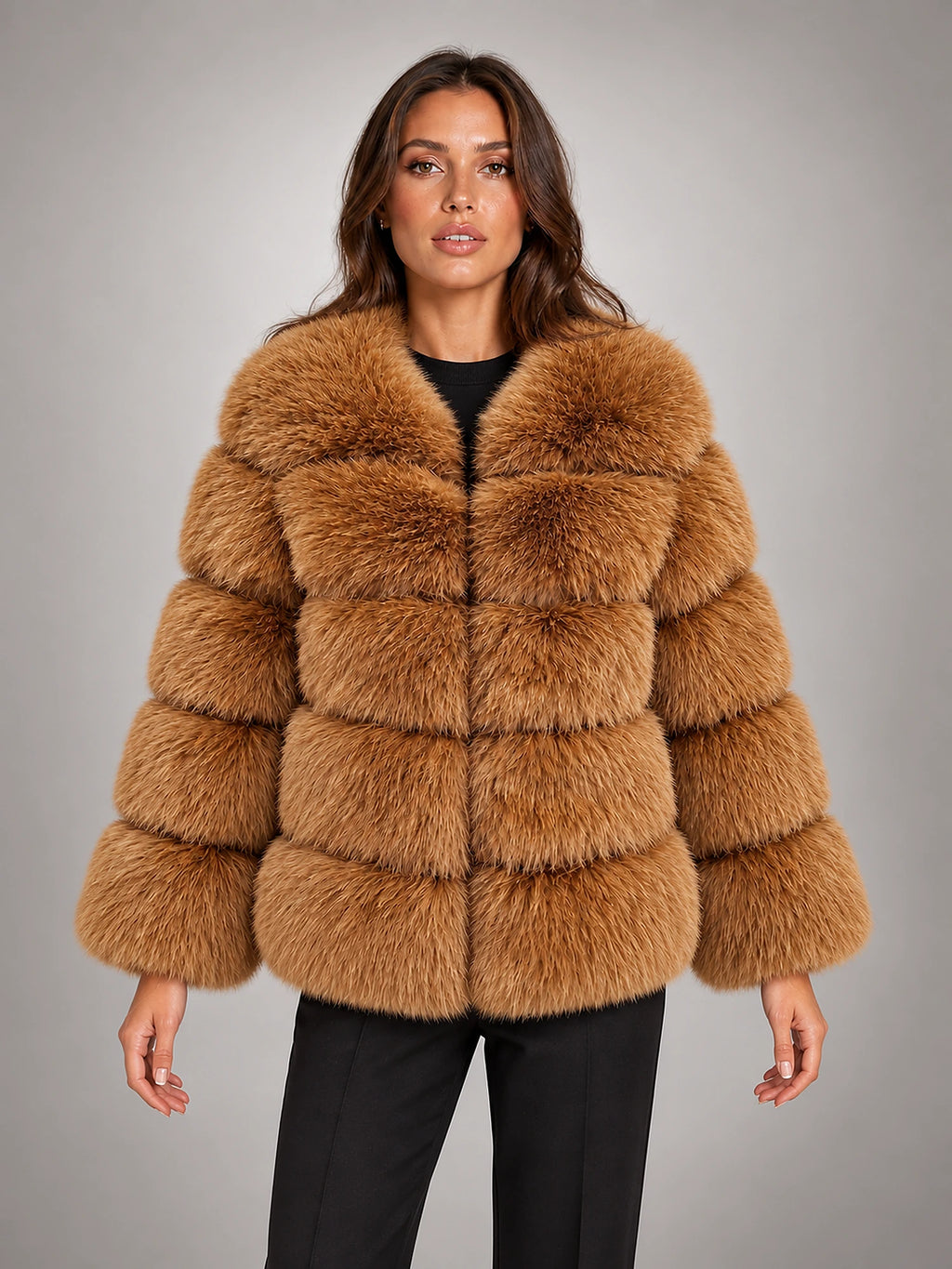 Women's Faux Fur Coat – Short Fluffy Jacket in Dark Gold — front view