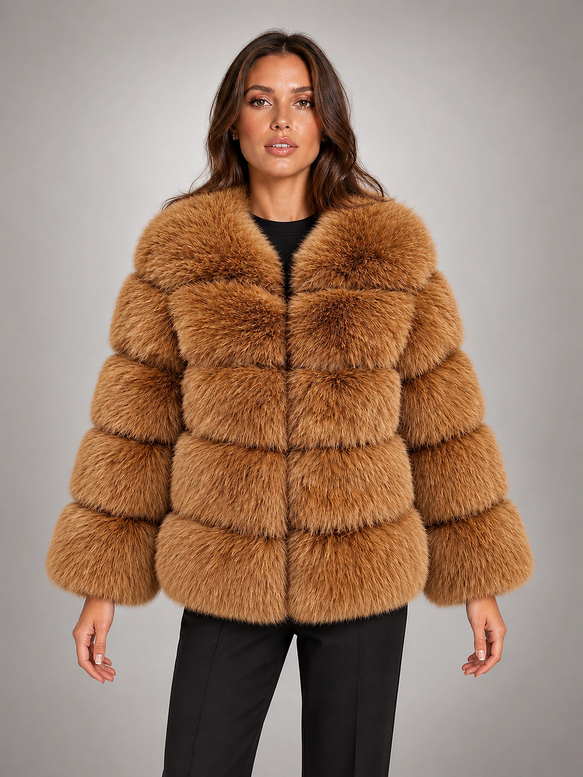Women's Faux Fur Coat – Short Fluffy Jacket in Dark Gold — front view